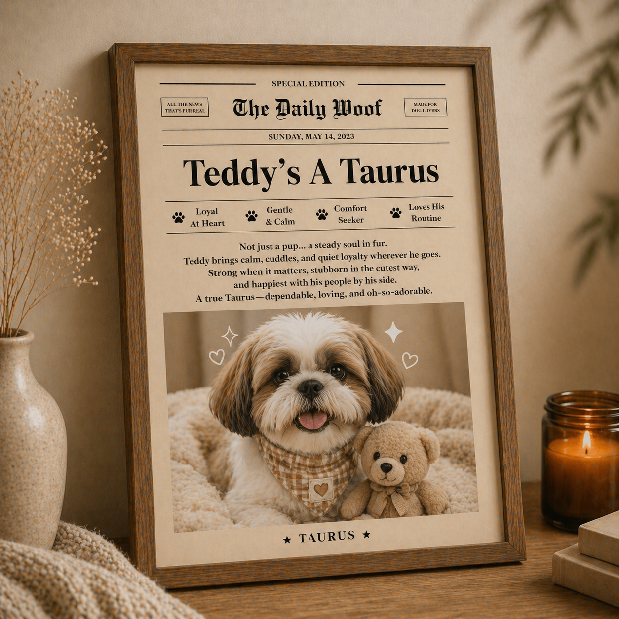 Custom dog zodiac newspaper frame